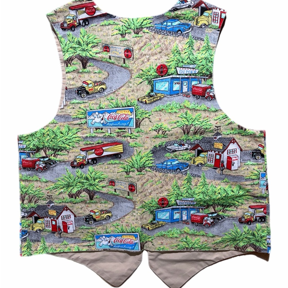 Coca-Cola Suit Vest Mens 44 Multicolor Retro Trucks Cars Scenic Print Novelty